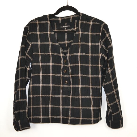 Madewell Light Spun Evert Windowpane Long Sleeve V Neck 1/2 Button Down Blouse S - Picture 2 of 10